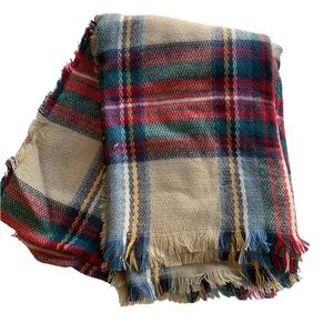 Plaid acrylic blend scarf . Green red and cream . Great for layers